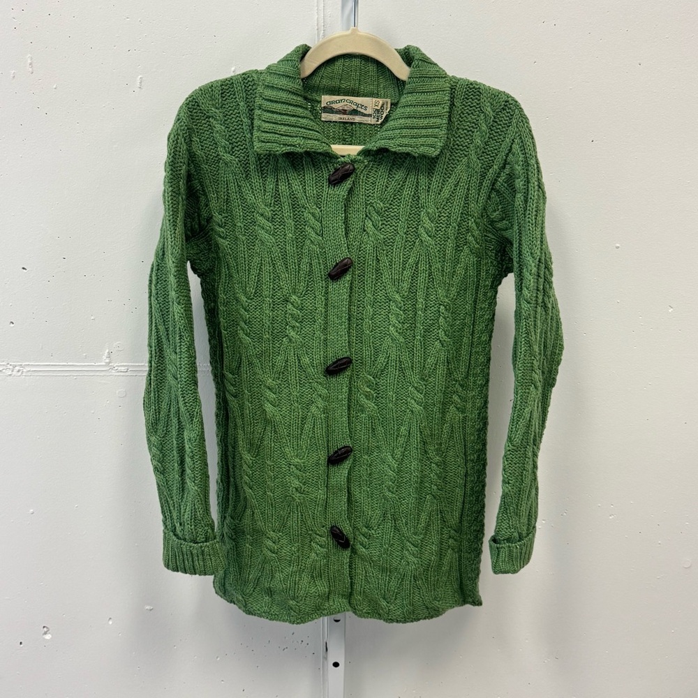 Vintage Aran Crafts Merino Wool Cable Knit Button‎ Cardigan Sweater Green XS